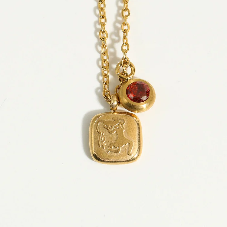 Twelve Zodiac Twelve Month Birthstone Pendant Necklace-	Red Quartz & Aquarius
