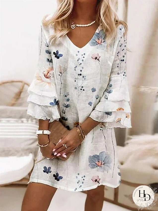Casual Dress Summer Dress Print Dress Graphic Floral Ruffle Print V Neck Ruffle Sleeve Mini Dress Fashion Streetwear Outdoor Daily 3/4 Length Sleeve Loose Fit White Red Blue Summer Spring S M for Women