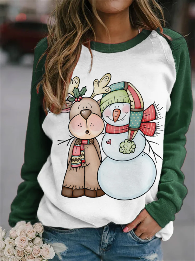 Wearshes Christmas Cute Elk Snowman Colorblock Sweatshirt