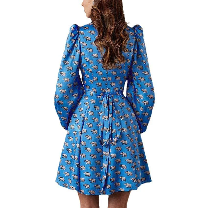 Fashion Sexy V-neck Lantern Sleeve Satin Printed Dress