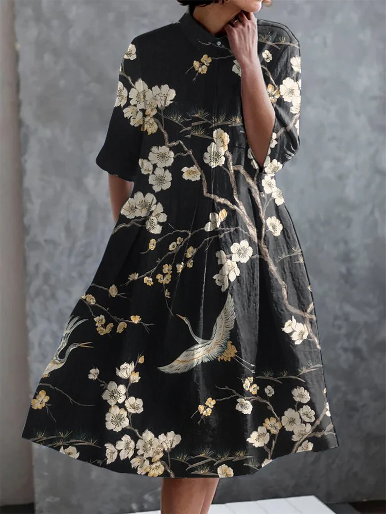 Vintage Japanese Crane Cherry Blossom Print Casual Elegant Pocket Half Sleeve Dress