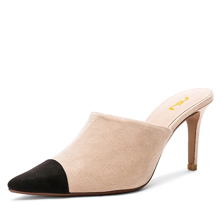 Nude and Black Vegan Suede Pointed Toe Stiletto Heel Mules Shoes |FSJ Shoes
