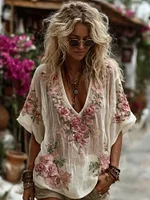 Women's Retro Boho Floral Pattern Linen Short-sleeve Top