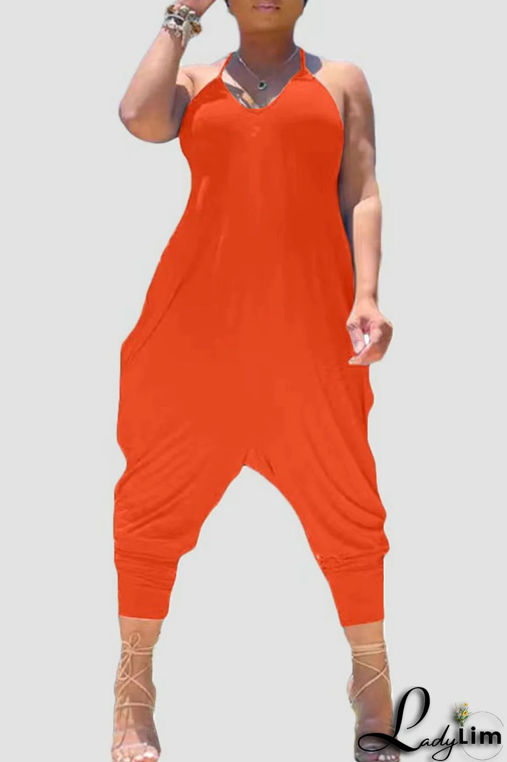 Orange Casual Solid Split Joint O Neck Jumpsuits