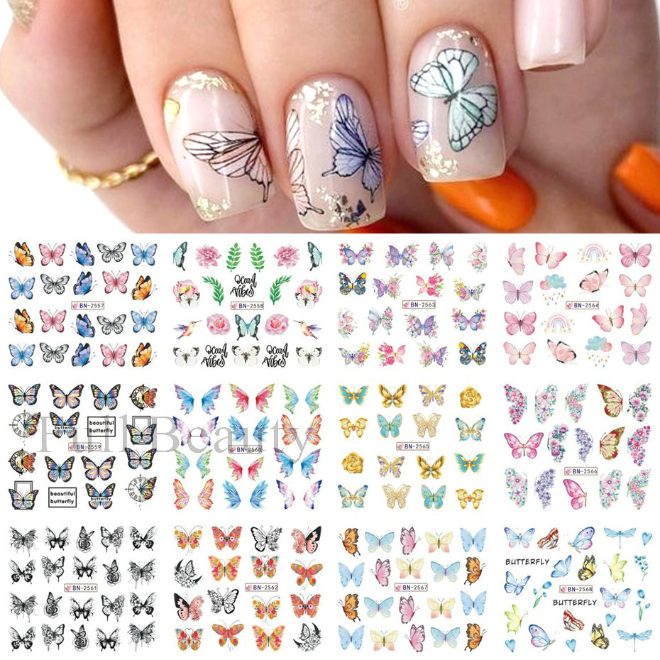 Bonusgud 12pcs Black Butterfly Water Nail Sliders Set Hollow Nails Design Flying Wings Stickers Drawing Pattern Manicure Transfer Foils