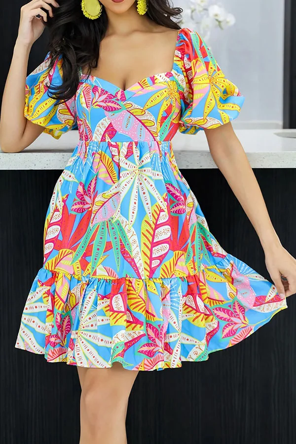 Floral Print Cute Puff Sleeve Ruffle Hem Mini Dress