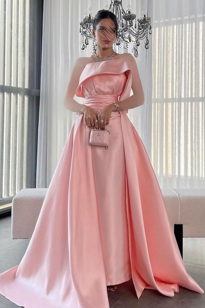 Oknass Pink Strapless Sleeveless A Line Long Prom Dress With Pleated 