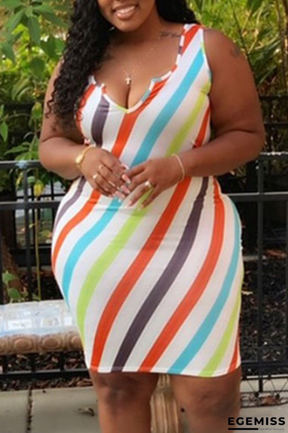 White Sexy Casual Plus Size Striped Print Basic V Neck Vest Dress | EGEMISS