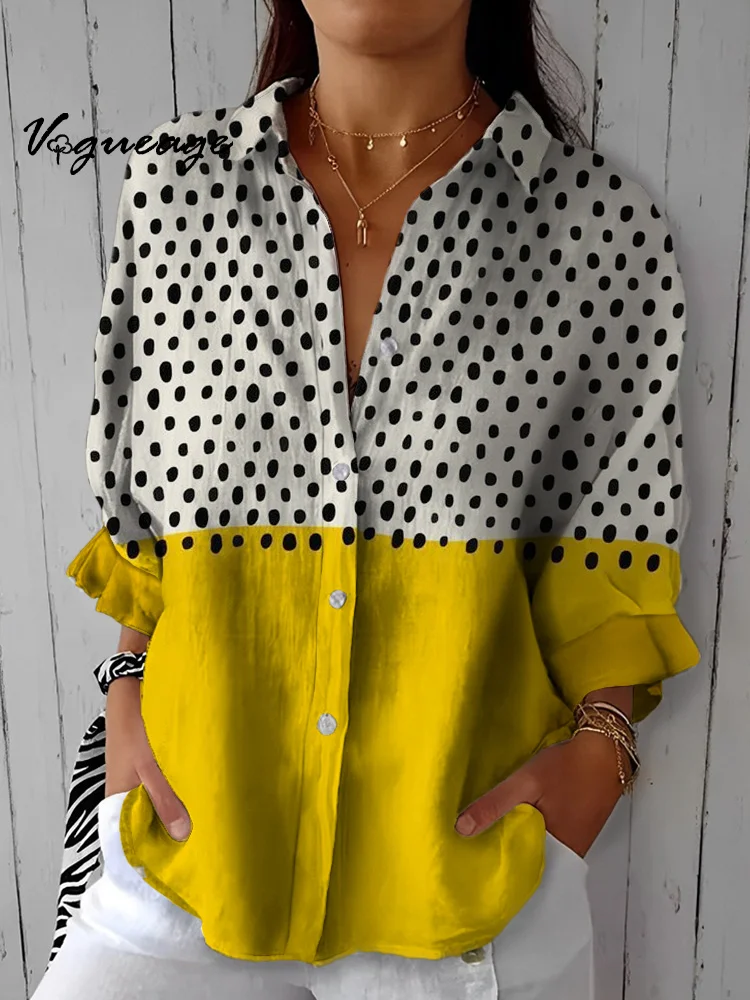 Gentle And Elegant Black Spots And Bright Yellow Stitching Printed Cotton And Linen Shirt