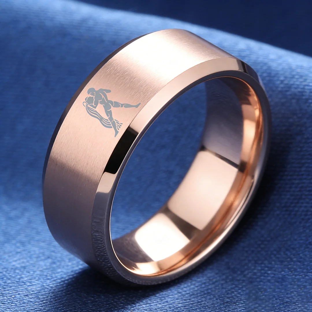 Beveled Edges Rose Gold Laser Etched Tungsten Carbide Rings Rose Gold Aquarius Couple Wedding Band 4MM 6MM 8MM