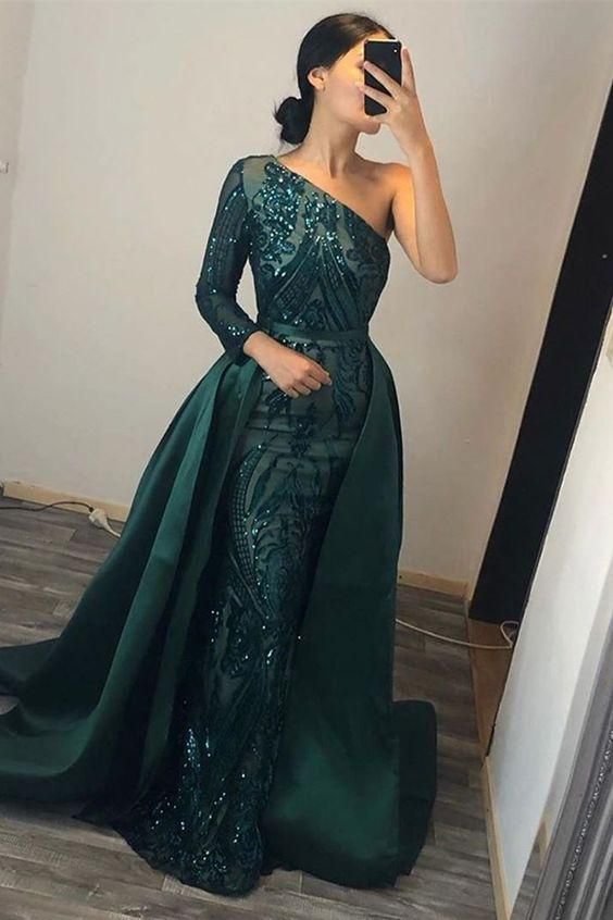 One Shoulder Dark Green Overskirt Long Sleeve Mermaid Prom Dress With Sequins | Ballbellas Ballbellas