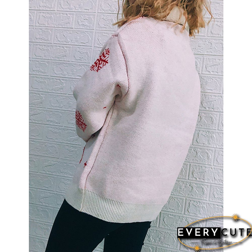 White Lapel Collar Deer Snoflake Print Christmas Sweater