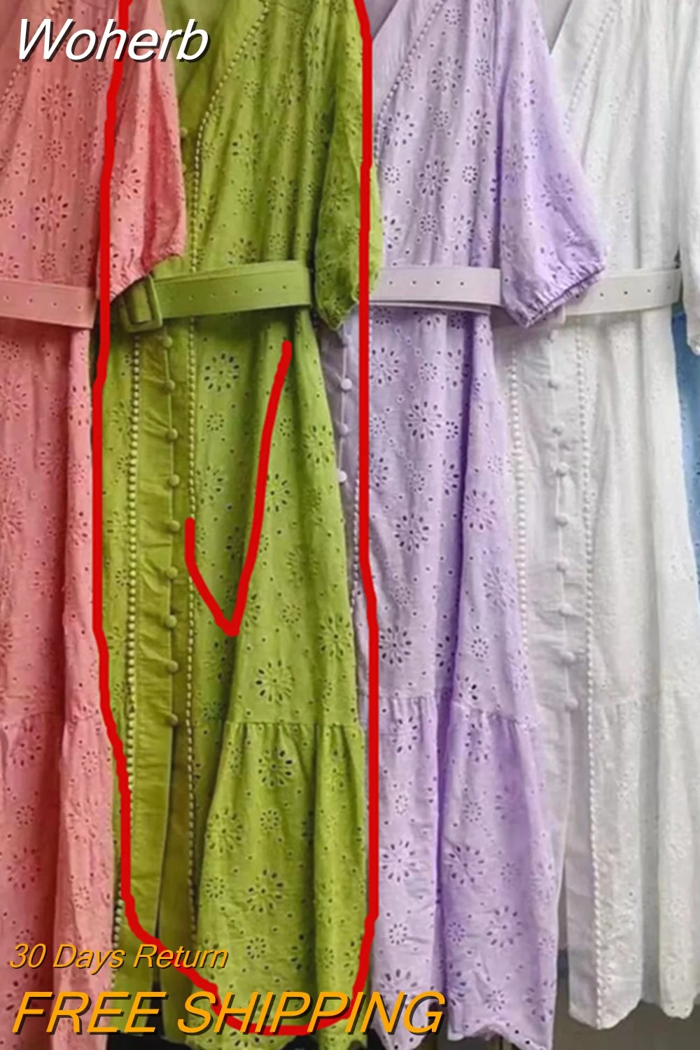 Woherb Cutwork Long Dress for Women Embroidery Cotton Maxi Dress Summer V-neck Puff Sleeve Casual Dress Female With Belt-Outfit Ideas