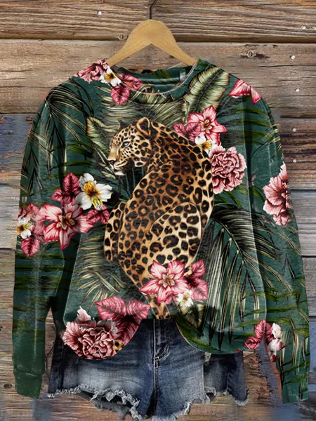 Cheetah Leopard Print Round Neck Long Sleeve Sweatshirt socialshop