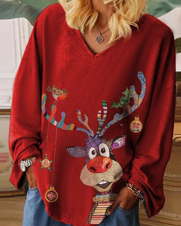 Casual Christmas Cute Cartoon Print V-neck Looose Comfy Blouses(8 Patterns)