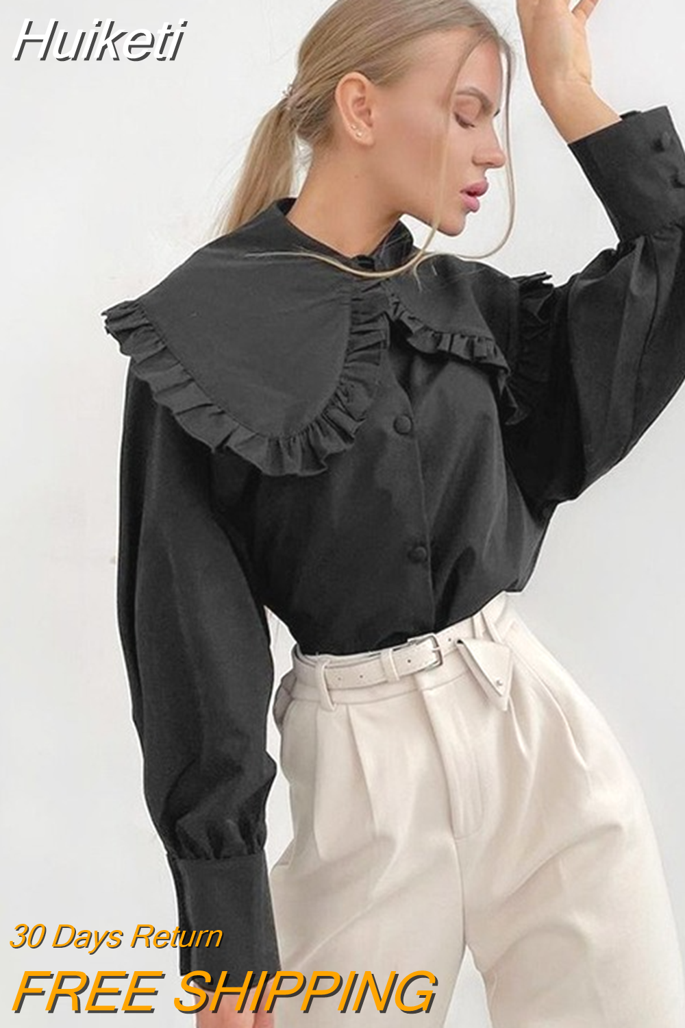 Huiketi Ruffle White Women Blouse Peter Pan Collar Cotton Button Up Shirt Women Tops 2023 Fashion Loose Puff Sleeve Shirts 18738