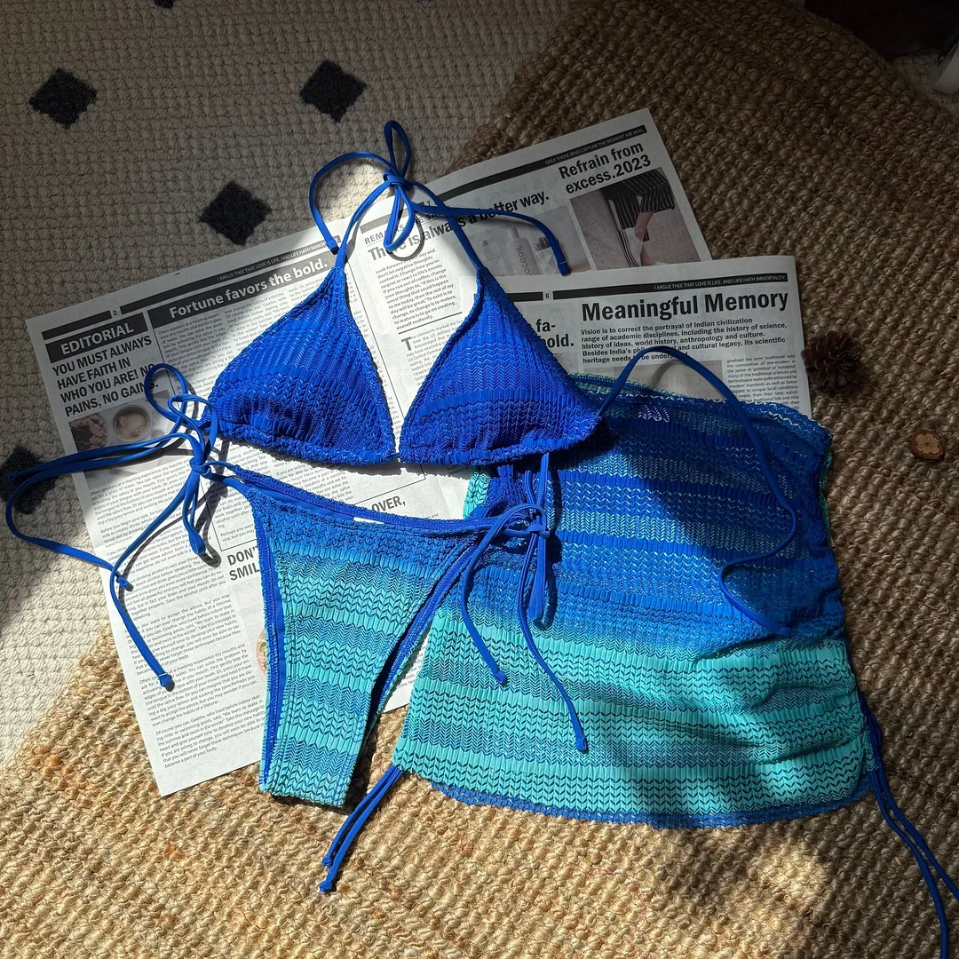 Uveng 2025 New Gradient Mesh Three-Piece Beach Short Skirt Sexy Bikini