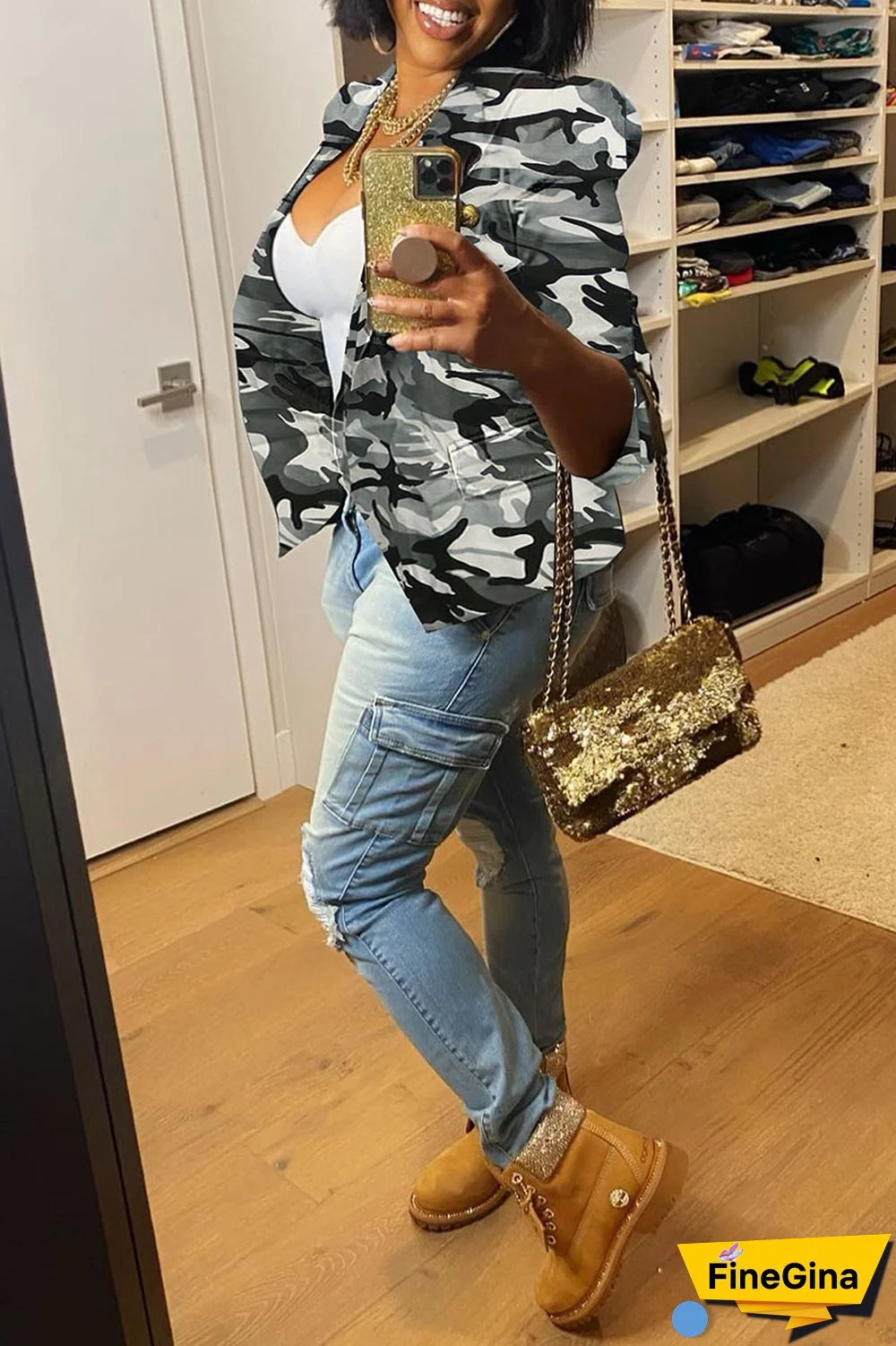 White Casual Print Patchwork Buttons Turn-back Collar Outerwear