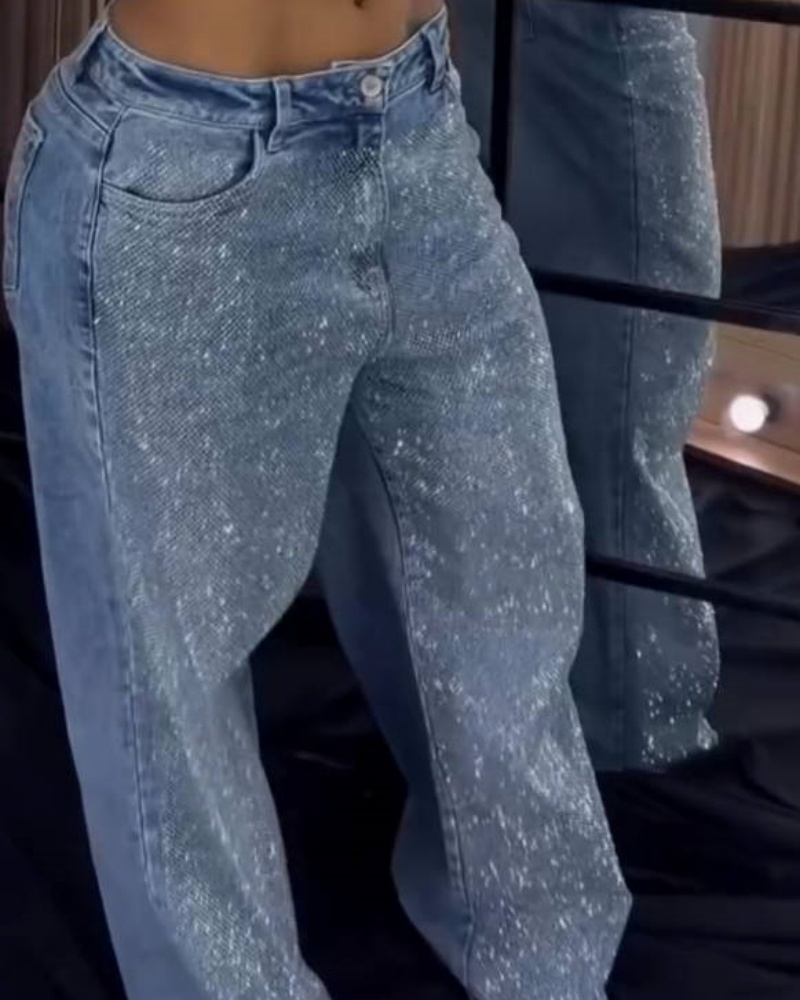 Women's Rhinestone Jeans Wide Leg Flare Denim Pants High Waist Sparkle Shiny Sequin Glitter Trouser