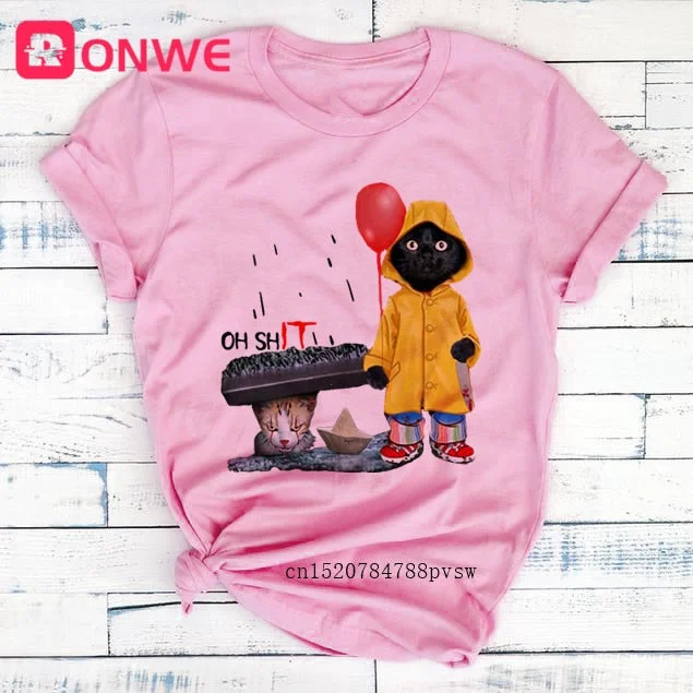 Women Funny Black Cat Print Tshirt Girl Harajuku Casual White Top Tees Female 90s Clothes,Drop Shipping