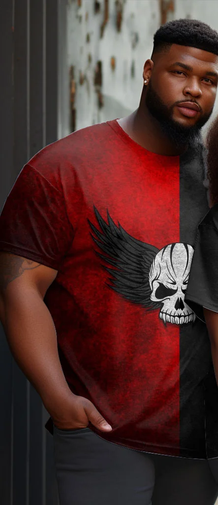 Couple Large Size Skull Wings Color Block Round Neck Short Sleeve T-Shirt