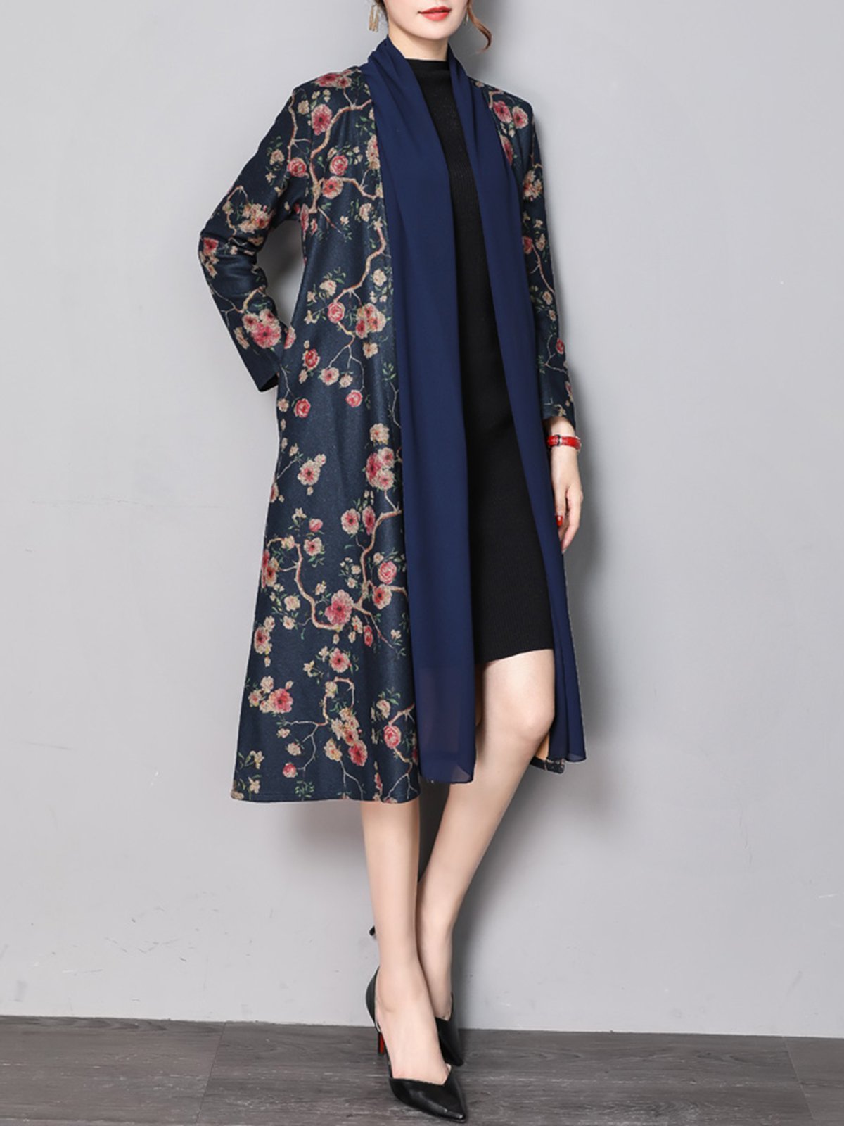 Floral Printed Paneled Wool Blend Coat