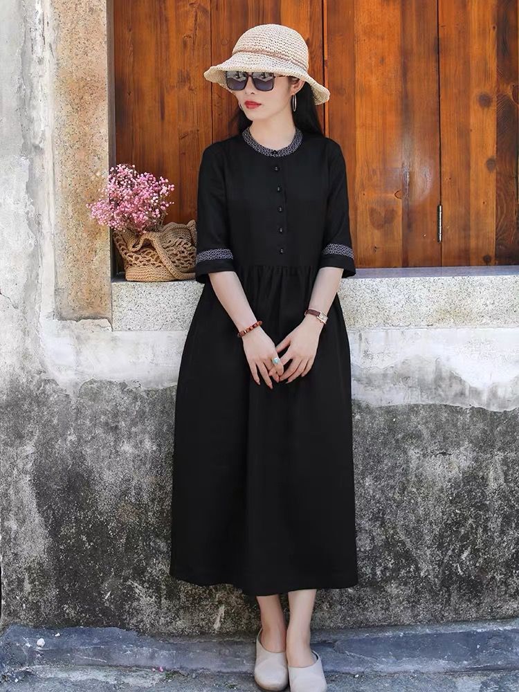 Summer New Vintage Linen Dress Robe Woman Dress