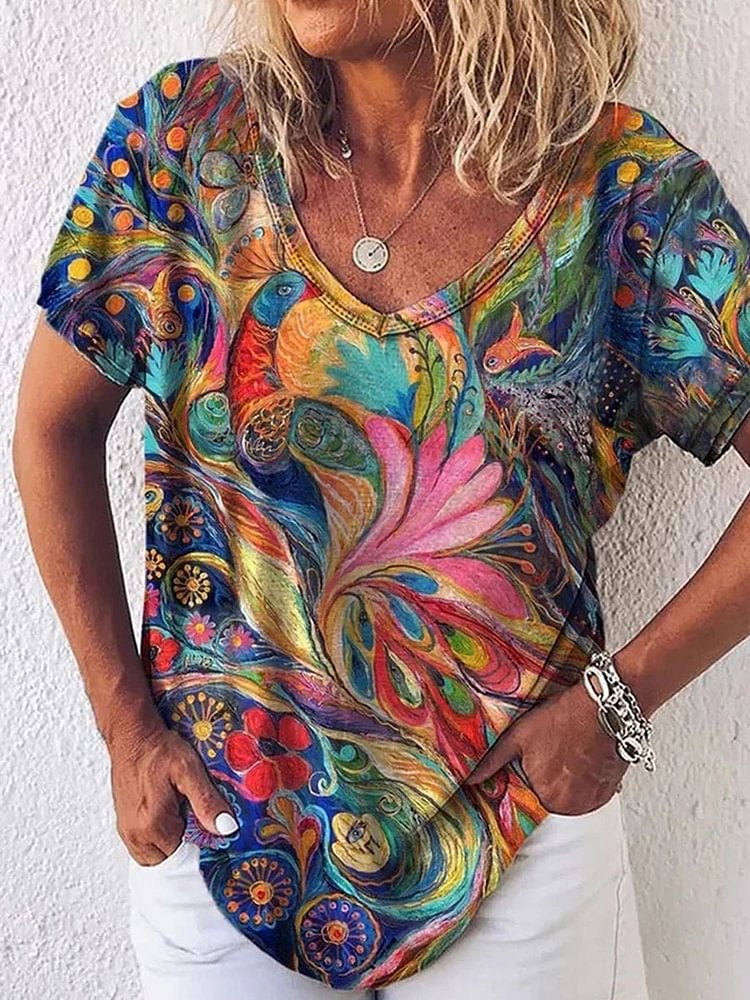 Women's Casual Short Sleeve V-Neck Oil Painting Printed T-Shirt