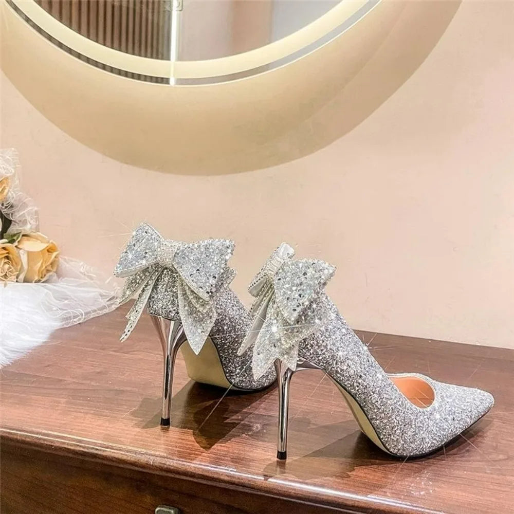 Shiny Bowknot Thin Heels Pumps Women Slip-On Bling Crystal Party Shoes Woman Sexy Pointed Toe Glitter High Heels Shoes Aiertu