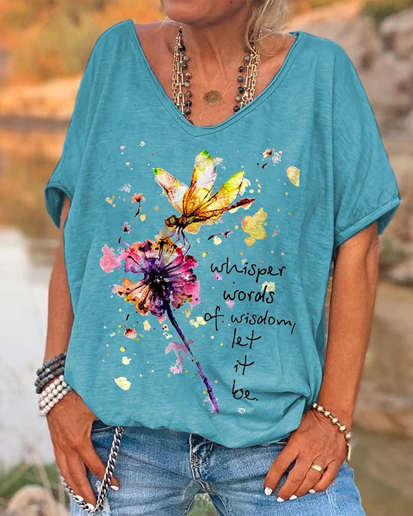 🔥kukelife🔥Whisper Words Of Wisdom Dragonfly Printed Hippie T-shirt