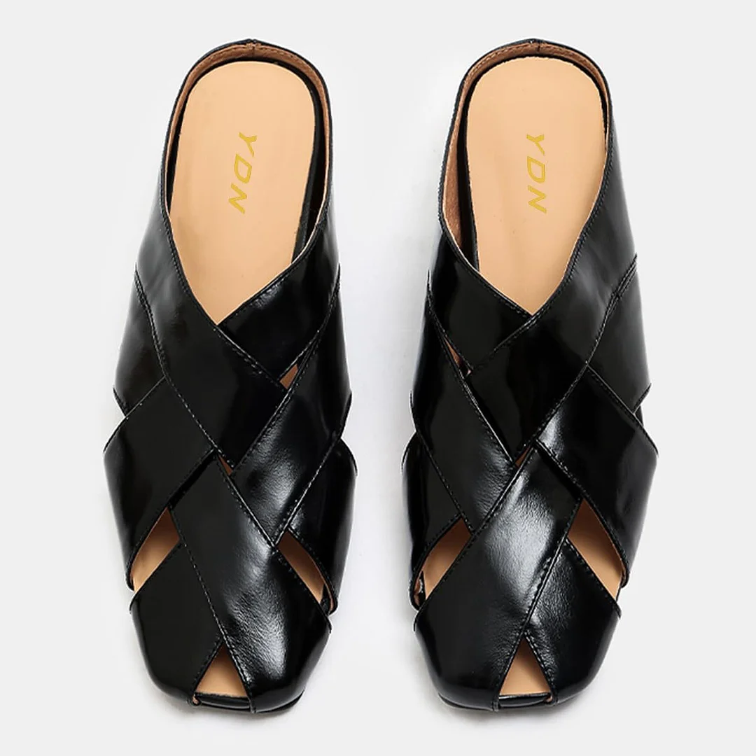Black Vegan Leather Square Toe Woven Women's Flat Backless Mules