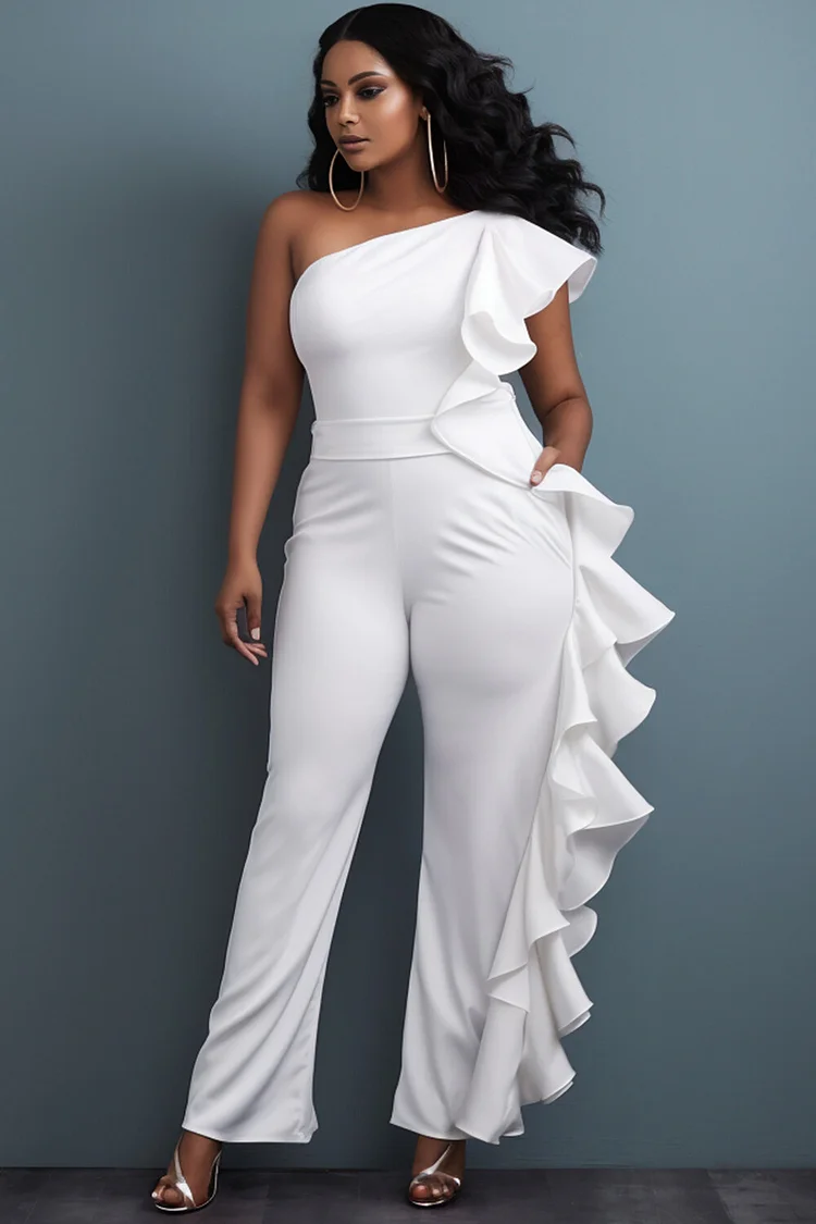 Xpluswear Design Plus Size Business Casual White Elegant One Shoulder Ruffle Contrast Jumpsuits [Pre-Order] 2024 - Xpluswear