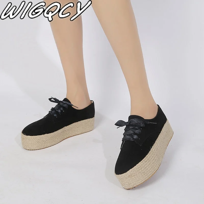2022 Spring/Autumn Shoes Woman Canvas Bottom Flats Fashion Ladies Espadrille Shoes Girls Lace Up Round Toe Casual Wedge Sneakers