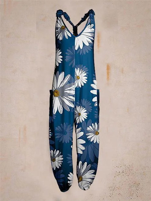 Women Summer Blue Floral Pattern Sleeveless Harem Jumpsuit