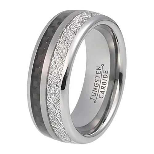Women's Or Men's Wedding Tungsten Carbide Wedding Band Matching Rings,Silver Tungsten Carbide Bands with Black Carbon Fiber Inlay and Inspired Meteorite,Domed Tungsten Carbide Ring,Comfort Fit With Mens And Womens For Width 4MM 6MM 8MM 10MM