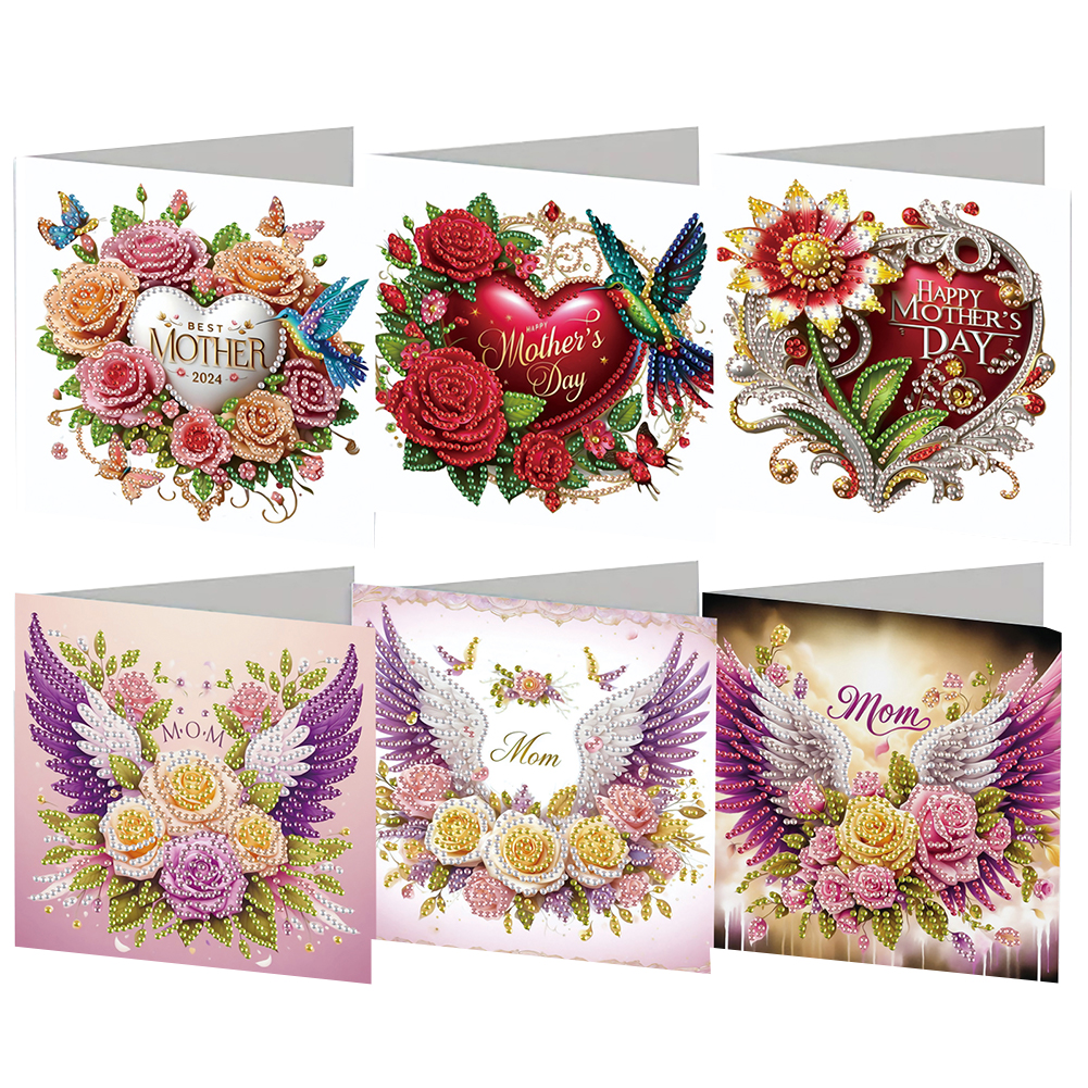 6Pcs Heart Wings Diamond Painting Greeting Card with Envelope for Mothers Day