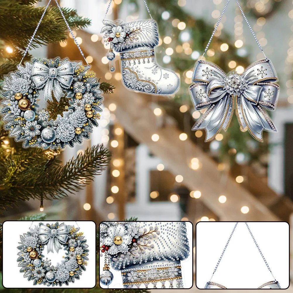 3Pcs Acrylic Winter Christmas 5D DIY Diamond Painting Dot Pendant for Wall Decor