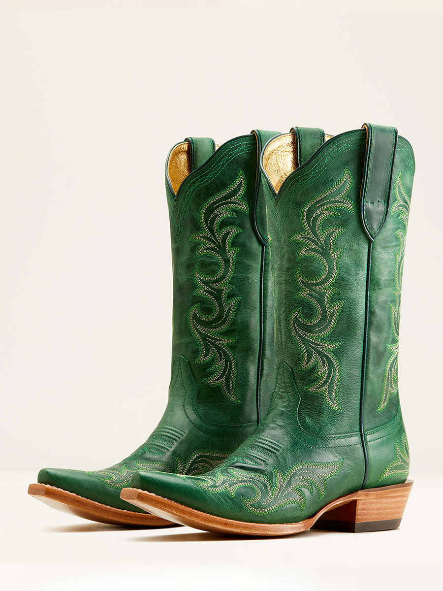 Green Vegan Leather Snip Toe Chunky Heel Embroidered Cowgirl Boots
