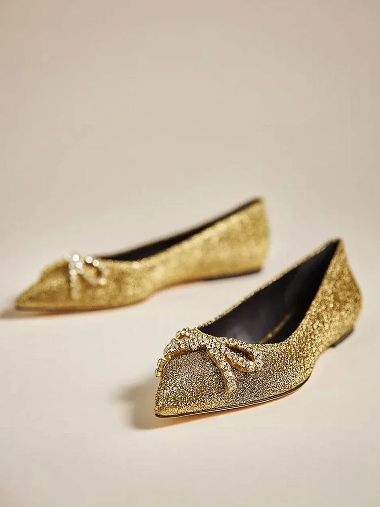 Rhinestone Bow Pointy Slip-On Ballet Flats