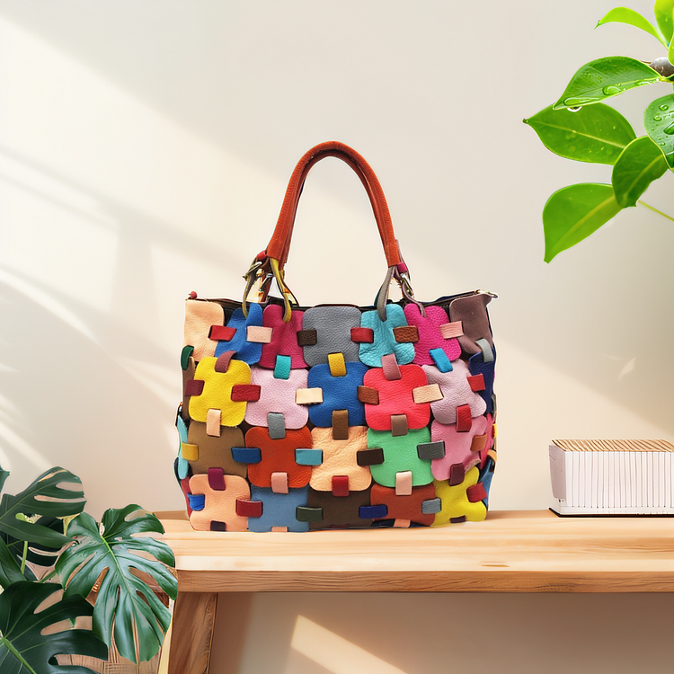 Beautiful Multicolour Patchwork Zippered Calf Leather Tote BAG