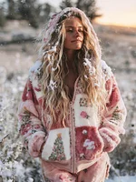 Women's Patchwork Floral Christmas Tree Print Plush Hoodie