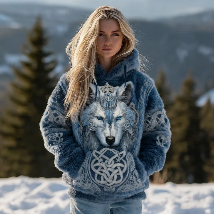 Women's Retro Glacier Wolf Celtic Design Pattern Flannel Hoodie
