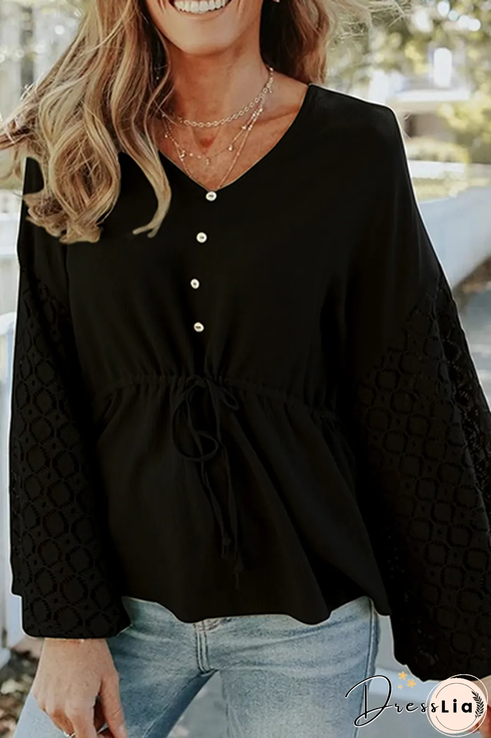 Casual Solid Lace Frenulum Buckle V Neck Tops