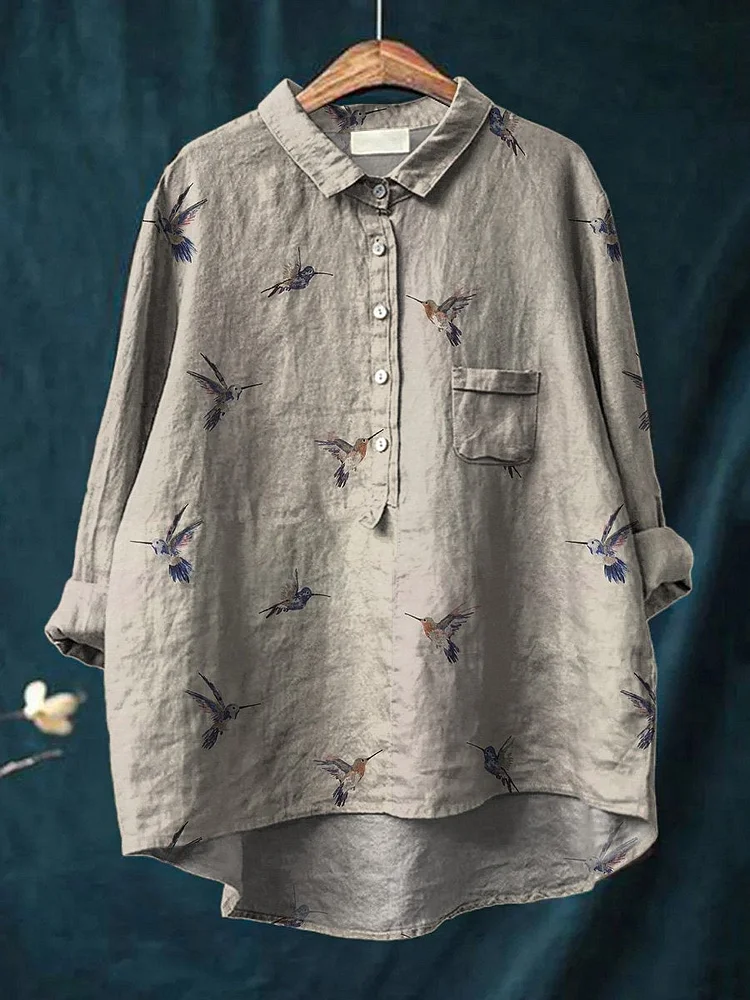 Simple Hummingbird Repeat Pattern Printed Women's Casual Cotton And Linen Shirt