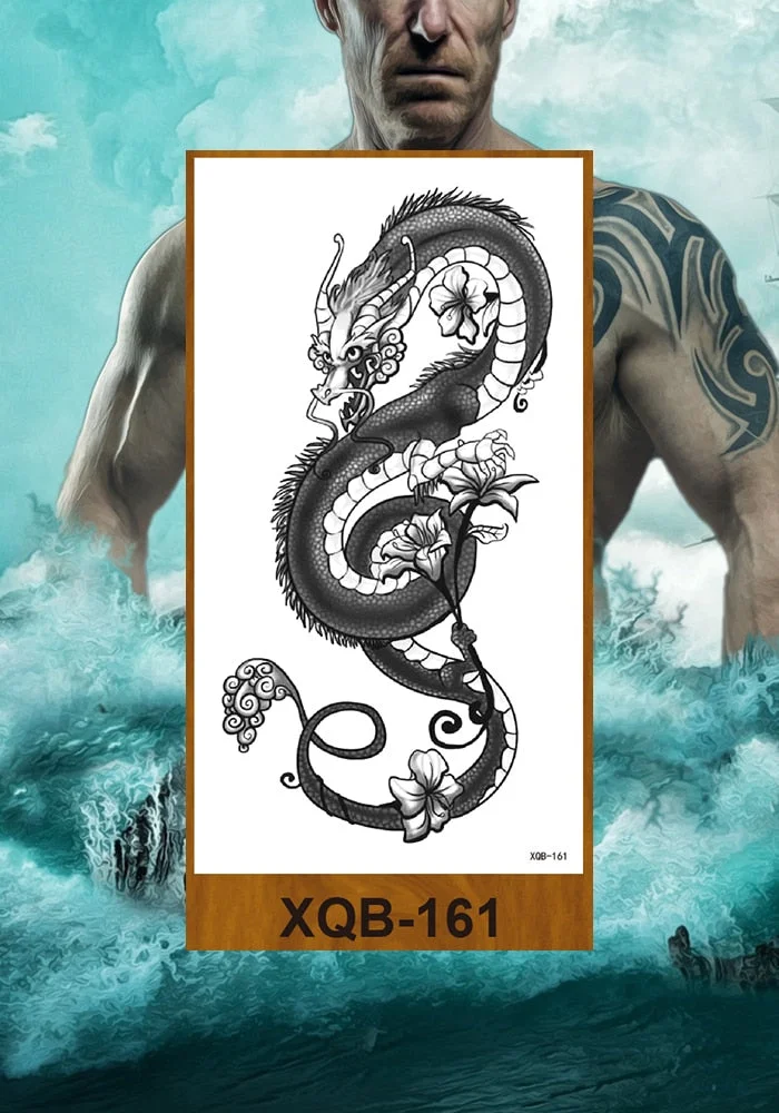 Temporary Flower Arm Tattoos Stickers Samurai Sword Dragon Snake Totem Men Women Girls Chest Fake Tatoo Drop Shipping DIY