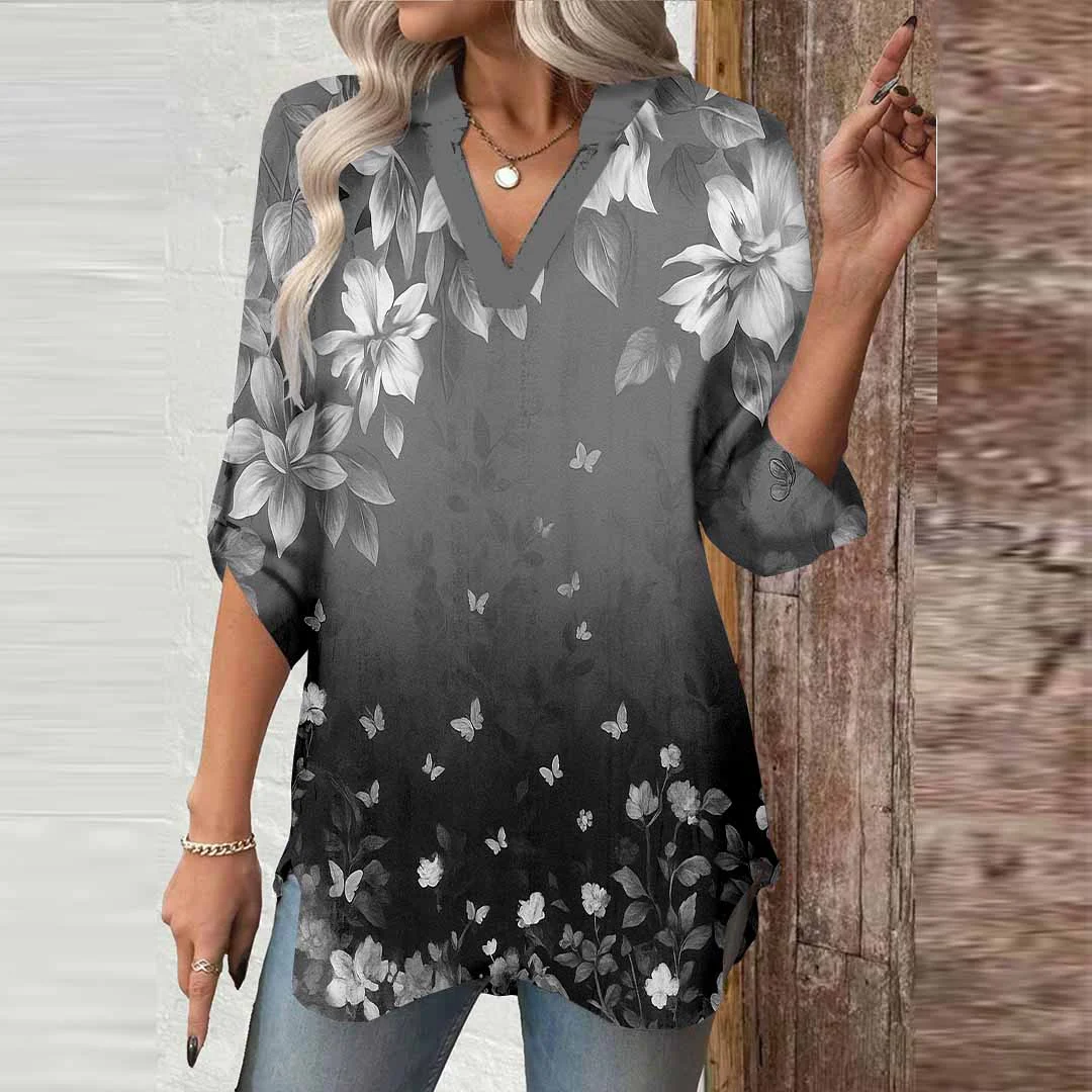 Women Floral,Black,White DZGA0565 3/4 Sleeve V-neck Printed Graphic Button Tops