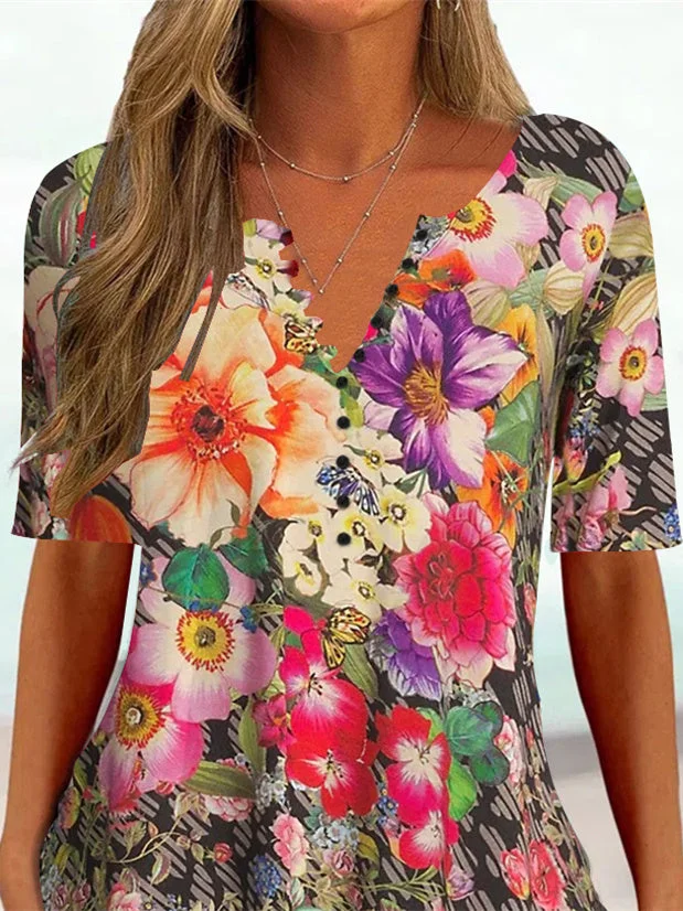 Women Half Sleeve V-neck Solid Color Dress