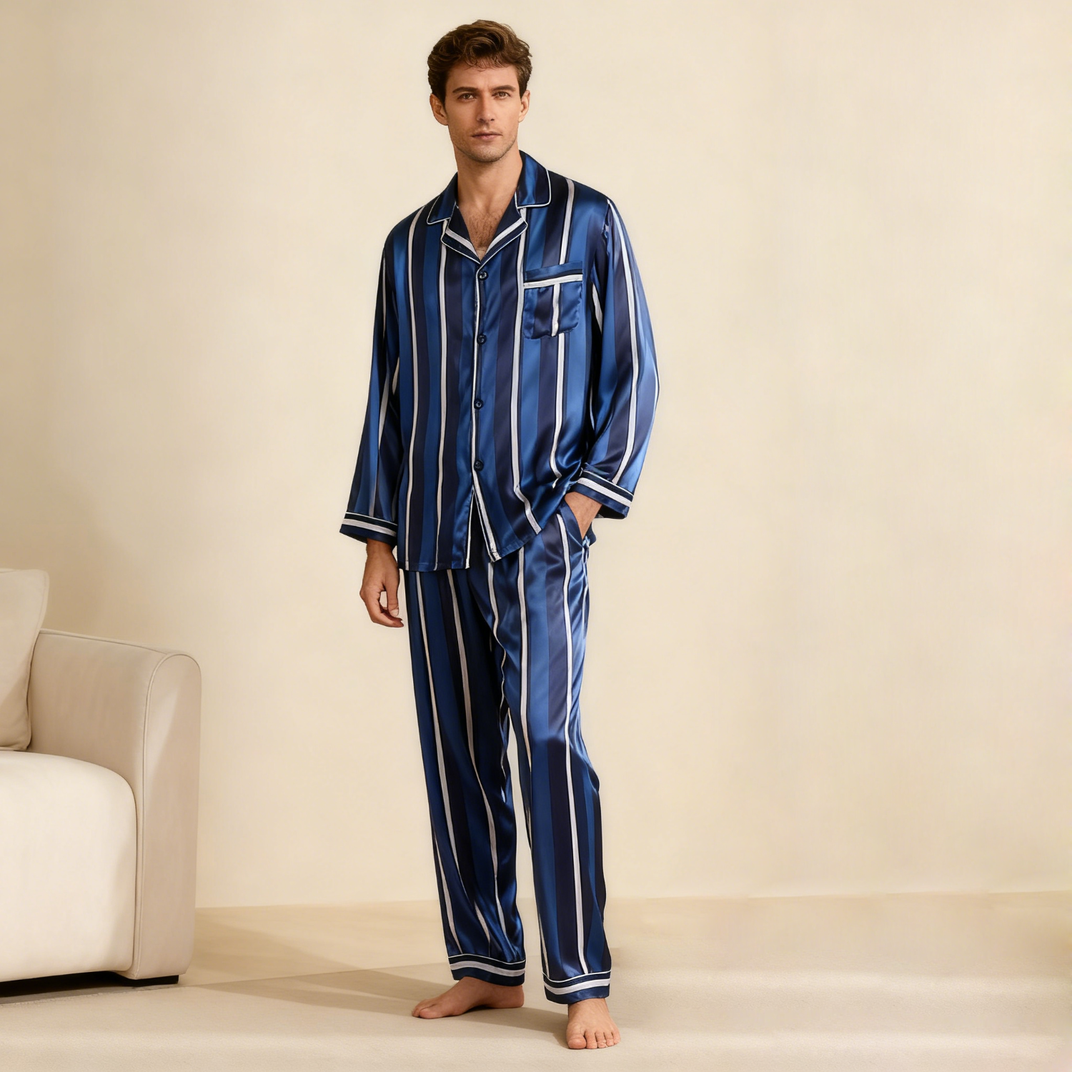Blue Striped Silk Pajamas For Men REAL SILK LIFE