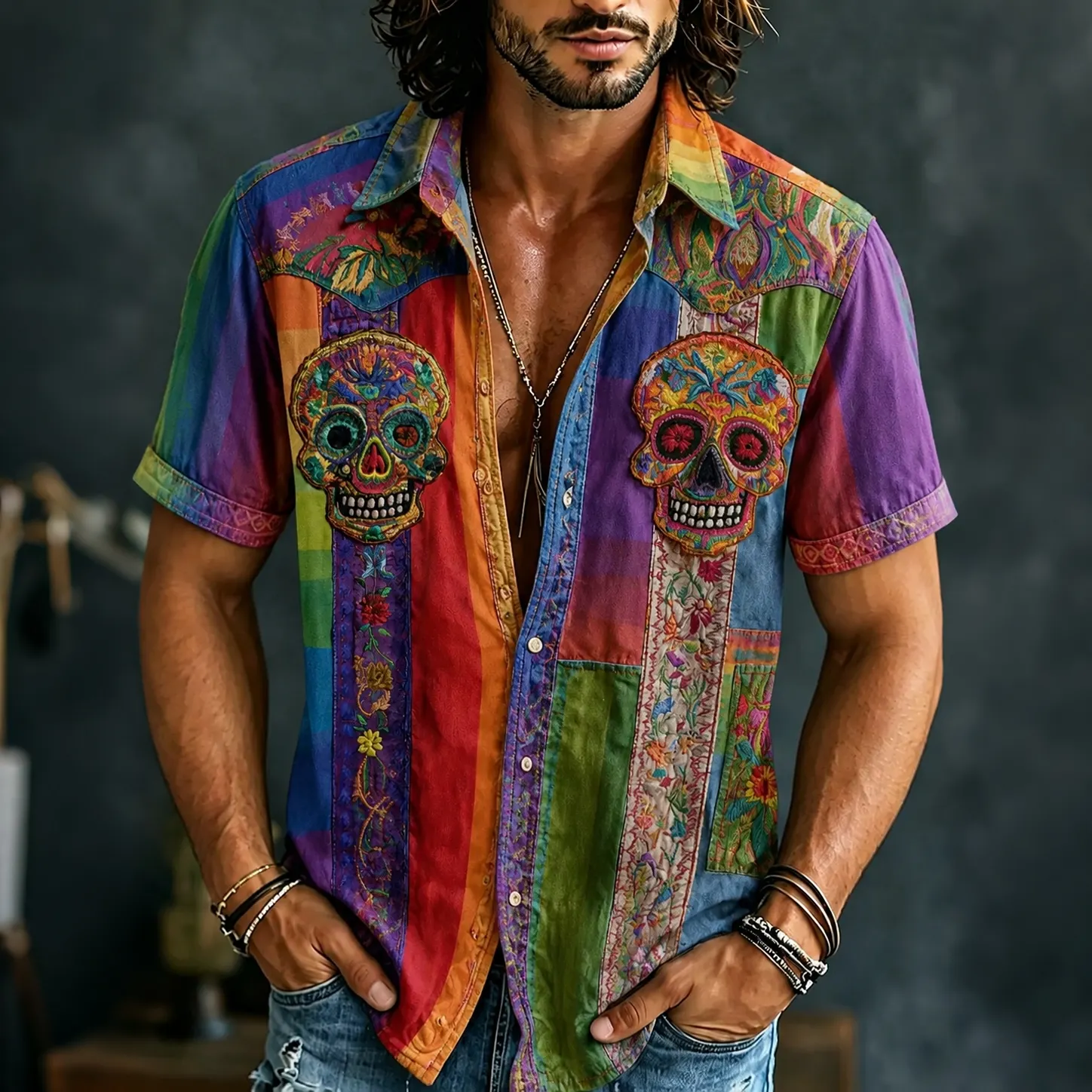 Comstylish Men's Retro Hippie Skull Patchwork Print Short-sleeve Shirt