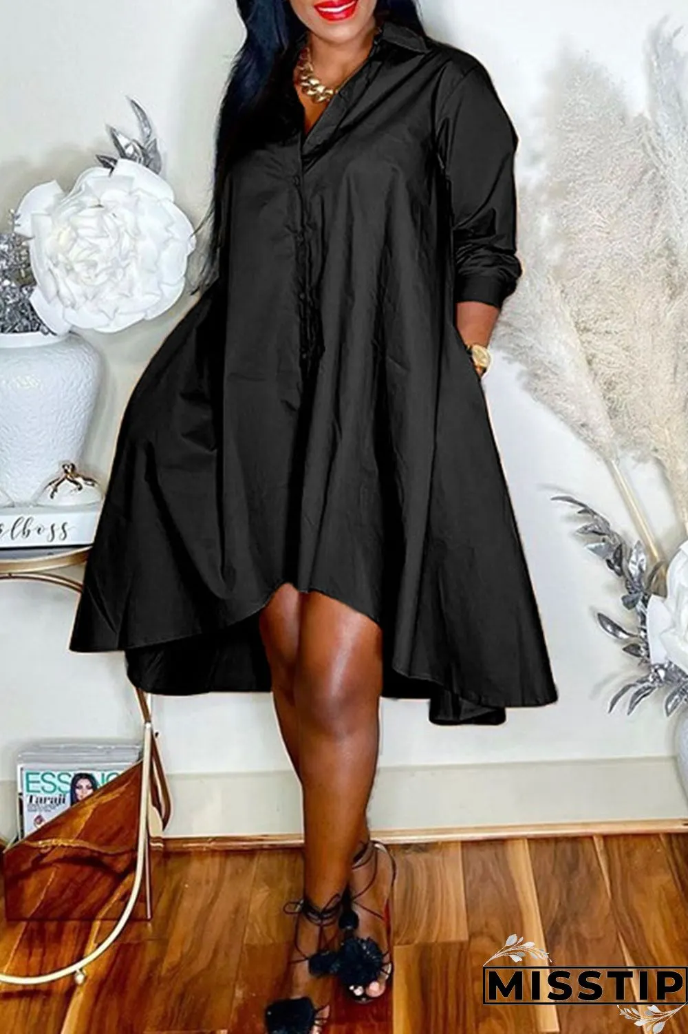 Purple Casual Solid Patchwork Buckle Asymmetrical Turndown Collar Shirt Dress Plus Size